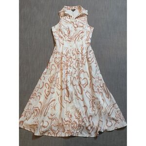 ADOR Sleeveless Midi Dress Floral Print White Brown Shirt Dress Size Medium